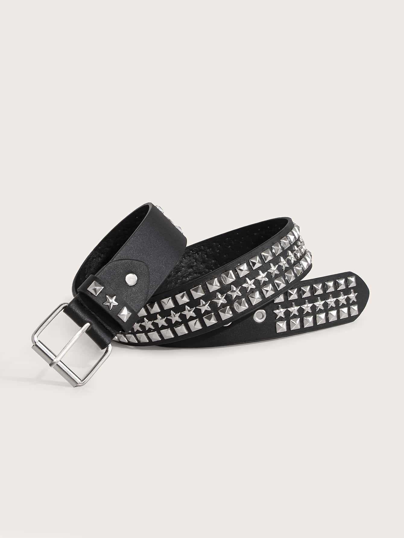 1pc Women Star & Studded Decor Square Buckle Belt For Daily Life - Black - View 1