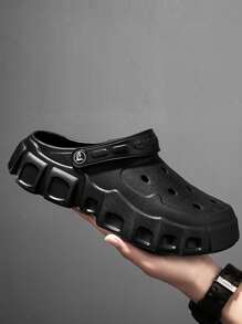 Cool Black Clogs For Men, Letter Graphic Hollow Out Vented Clogs - Black - View 1