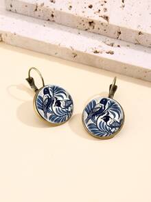 Bird Print Round Decor Stud Earrings - Multicolor - View 1