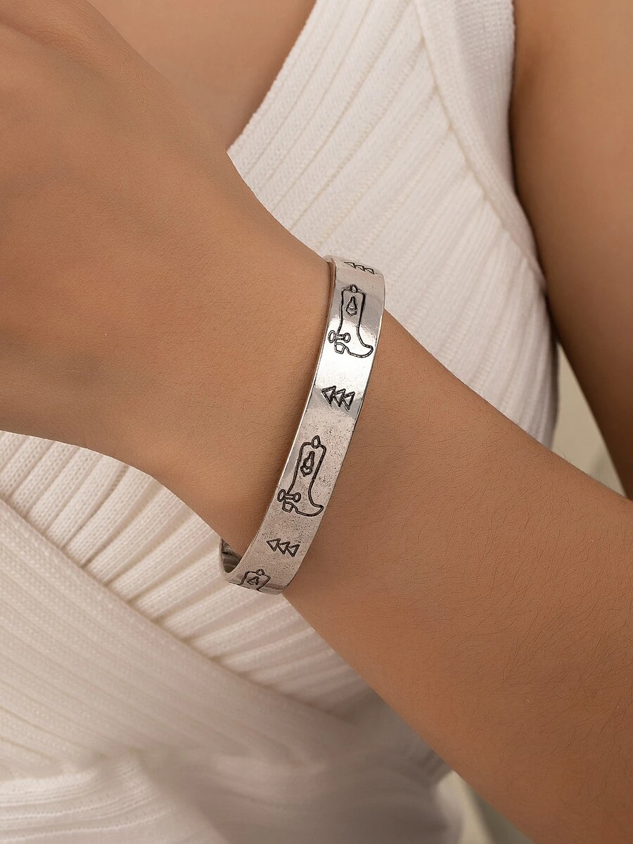 Pulsera abierta con estampado de dibujos animados - Plata antigua - Ver 1