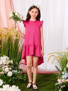 SHEIN Girls Ruffle Trim High Low Hem Dress - Hot Pink - View 2