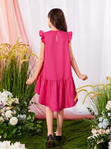 SHEIN Girls Ruffle Trim High Low Hem Dress - Hot Pink - View 3