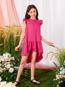 SHEIN Girls Ruffle Trim High Low Hem Dress - Hot Pink - View 4