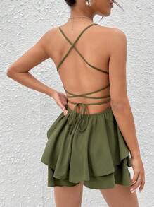 SHEIN PETITE Two Layer Hem Criss Cross Backless Cami Romper - Army Green - View 2