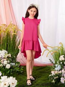 SHEIN Girls Ruffle Trim High Low Hem Dress - Hot Pink - View 5