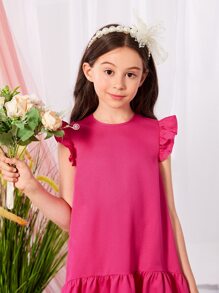 SHEIN Girls Ruffle Trim High Low Hem Dress - Hot Pink - View 6