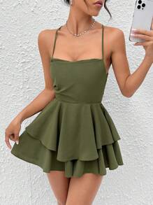 SHEIN PETITE Two Layer Hem Criss Cross Backless Cami Romper - Army Green - View 4