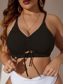 SHEIN Swim Curve Áo bikini rút dây phía trước cỡ lớn mùa hè - màu đen - Xem 1