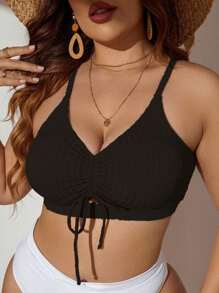 SHEIN Swim Curve Áo bikini rút dây phía trước cỡ lớn mùa hè - màu đen - Xem 3
