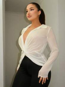 SHEIN SXY 前扭結雪紡襯衫 - 白色 - 查看 1