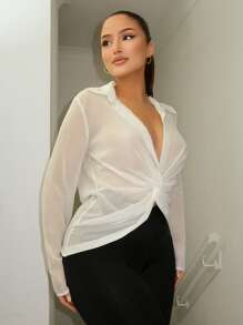 SHEIN SXY 前扭結雪紡襯衫 - 白色 - 查看 5