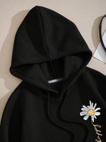 SHEIN EZwear Floral & Letter Graphic Kangaroo Pocket Drawstring Thermal Hoodie - Black - View 3