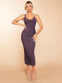 SHEIN BAE Ruched Glitter Cami Bodycon Dress - Purple - View 1