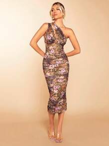 SHEIN BAE Leopard & Floral Print One Shoulder Cut Out Ruched Bodycon Dress - Multicolor - View 1