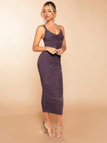 SHEIN BAE Ruched Glitter Cami Bodycon Dress - Purple - View 5