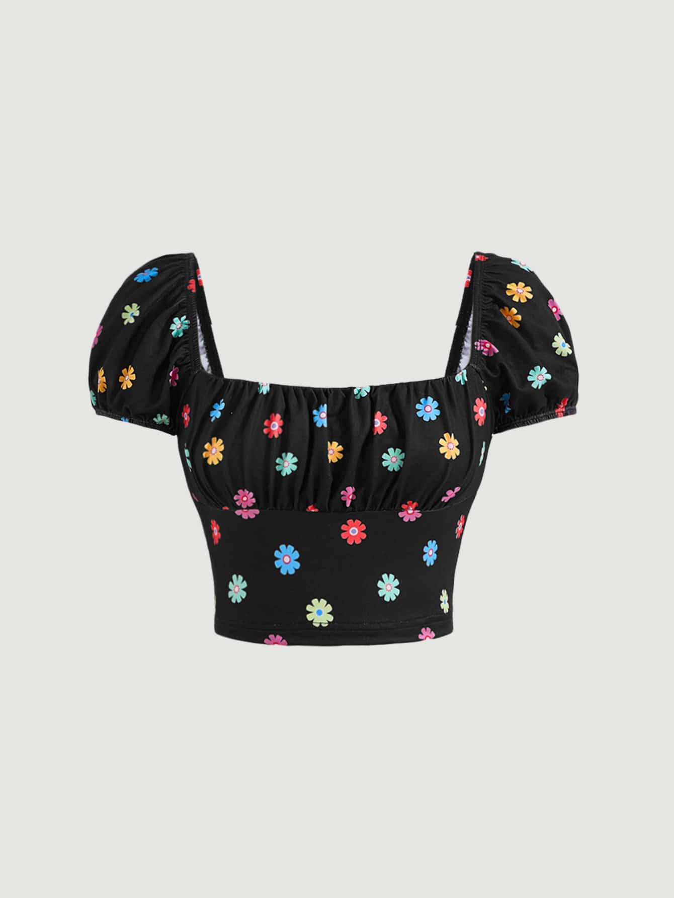 SHEIN MOD Floral Print Ruched Bust Tee - Black - View 1