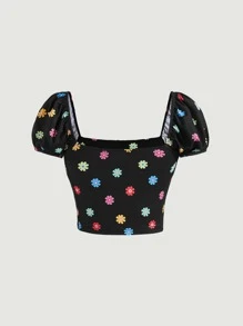 SHEIN MOD Floral Print Ruched Bust Tee - Black - View 2