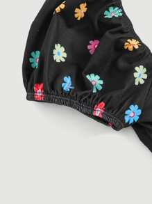 SHEIN MOD Floral Print Ruched Bust Tee - Black - View 3