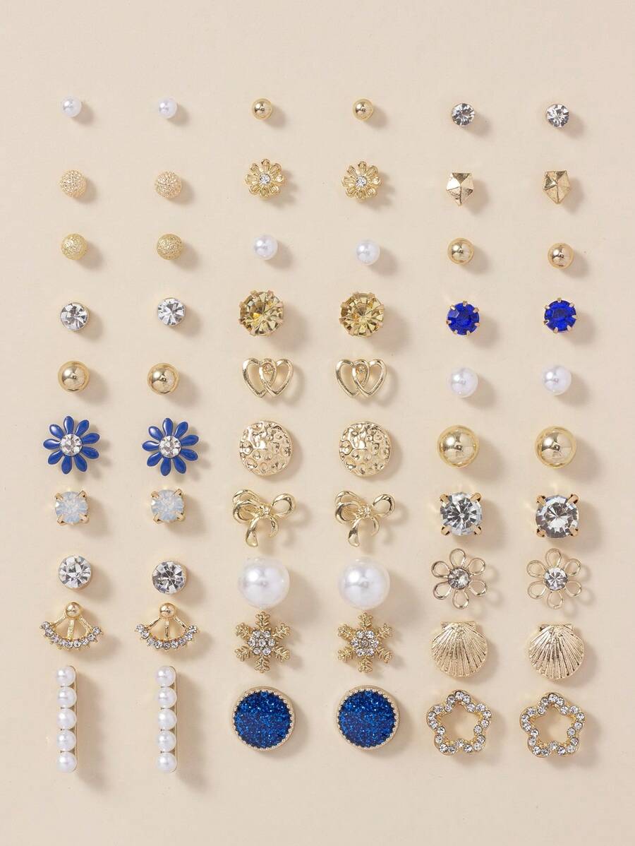 30pairs/Set Rhinestone & Faux Pearl Decor Earrings - Multicolor - View 1