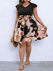 SHEIN LUNE Vestido con cinturón con estampado de cadena ribete con fruncido - Multicolor - Ver 1