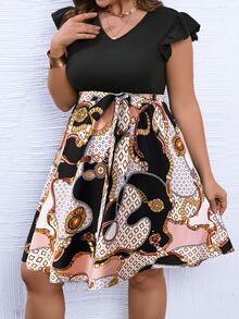 SHEIN LUNE Vestido con cinturón con estampado de cadena ribete con fruncido - Multicolor - Ver 3