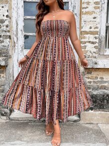 Breezaya 大碼幾何印花打褶荷葉邊抹胸連衣裙 - 彩色 - 查看 3