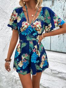 SHEIN VCAY 熱帶圖案蝴蝶袖連身短褲 - 彩色 - 查看 2