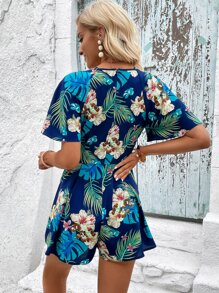 SHEIN VCAY 熱帶圖案蝴蝶袖連身短褲 - 彩色 - 查看 3