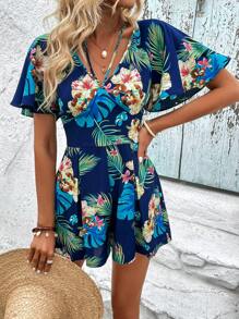 SHEIN VCAY 熱帶圖案蝴蝶袖連身短褲 - 彩色 - 查看 6