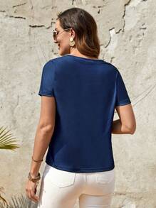 EMERY ROSE Floral Print V Neck Tee - Navy Blue - View 2