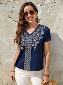 EMERY ROSE Floral Print V Neck Tee - Navy Blue - View 6