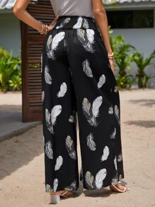 SHEIN VCAY Feather Print Wide Leg Pants - Black - View 3