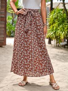 SHEIN VCAY Váy nữ Túi Chia Thắt nơ trước Họa tiết hoa Boho - Nhiều màu - Xem 5