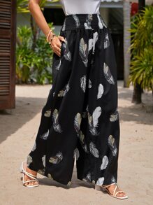SHEIN VCAY Feather Print Wide Leg Pants - Black - View 4