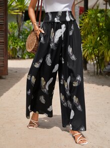 SHEIN VCAY Feather Print Wide Leg Pants - Black - View 5