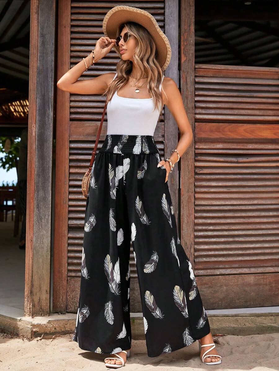 SHEIN VCAY Feather Print Wide Leg Pants - Black - View 1
