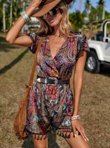 SHEIN VCAY 佩斯利印花流蘇邊蝴蝶袖連身短褲不附腰帶 - 彩色 - 查看 4