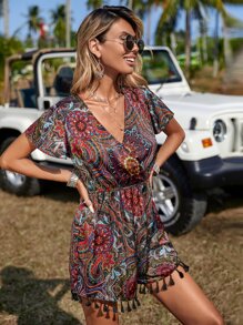 SHEIN VCAY 佩斯利印花流蘇邊蝴蝶袖連身短褲不附腰帶 - 彩色 - 查看 6