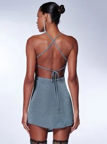 SHEIN BAE Đầm Lộ Lưng Vắt Ren lên màu trơn Gợi cảm - Màu xanh bụi bặm - Xem 2