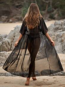 SHEIN Solid Sheer Mesh Kimono Without Bikini Set - Black - View 1