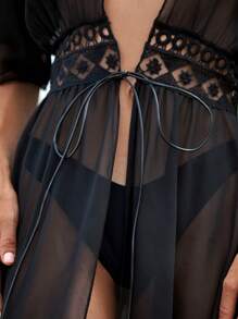 SHEIN Solid Sheer Mesh Kimono Without Bikini Set - Black - View 3