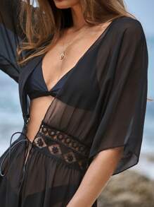 SHEIN Solid Sheer Mesh Kimono Without Bikini Set - Black - View 6