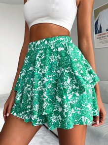 Floral Print Two Layer Hem Skirt - Green - View 1