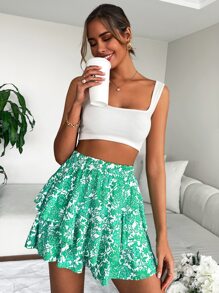 Floral Print Two Layer Hem Skirt - Green - View 5