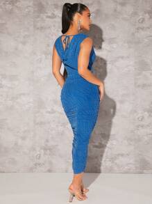 SHEIN BAE Glitter Draped Collar Ruched Glitter Bodycon Dress - Blue - View 3