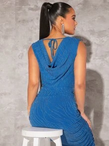 SHEIN BAE Glitter Draped Collar Ruched Glitter Bodycon Dress - Blue - View 5