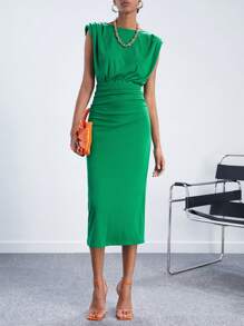 Maija 素色墊肩抽褶細節連衣裙