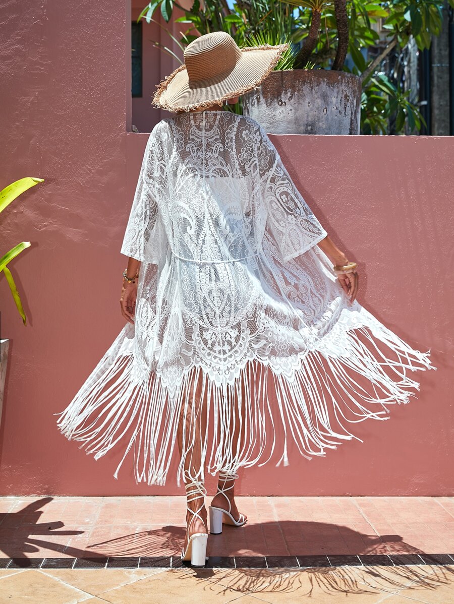 Swim Vcay Kimono Nữ mép cắt Thắt nơ trước màu trơn - trắng - Xem 1