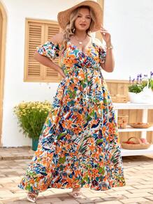 SHEIN VCAY 大碼滿版印花挖肩繫腰帶連衣裙 - 彩色 - 查看 1