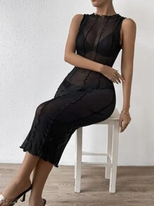 SHEIN Privé Lettuce Trim Sheer Mesh Bodycon Dress Without Lingerie Set - Black - View 6